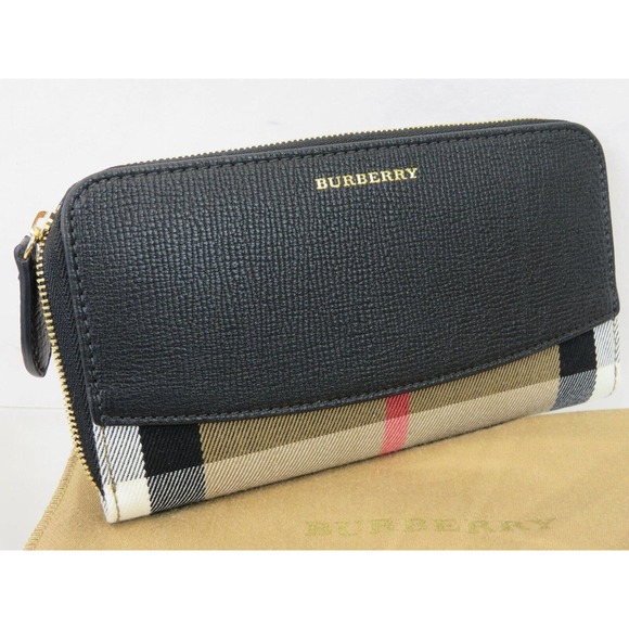 BURBERRY ELMORE BLACK HOUSE CHECK DERBY LEATHER ZIP AROUND LOGO CLUTCH WALLET - Picture 4 of 10